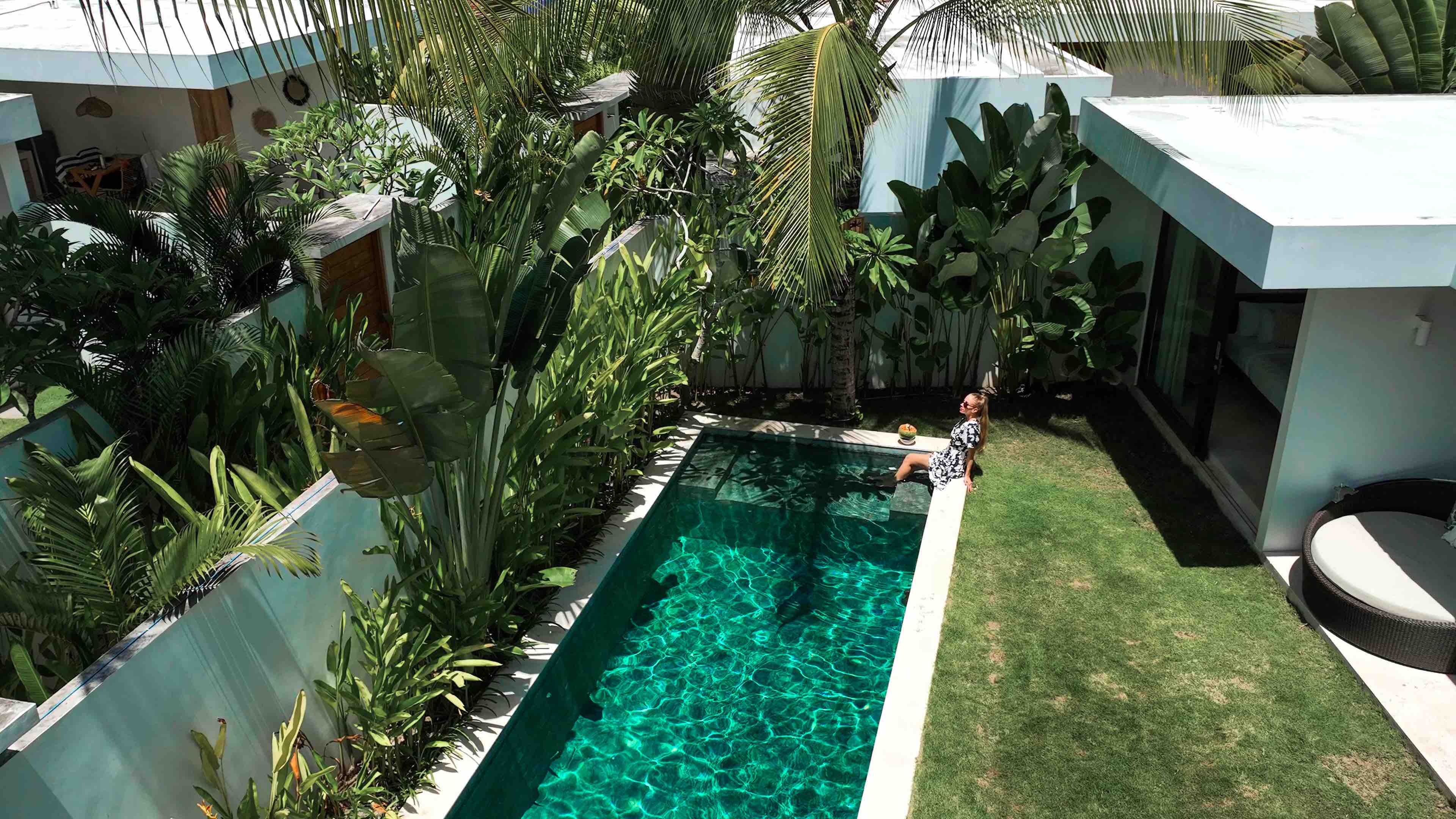 Aerial view of Kalea Villas private pool and tropical garden